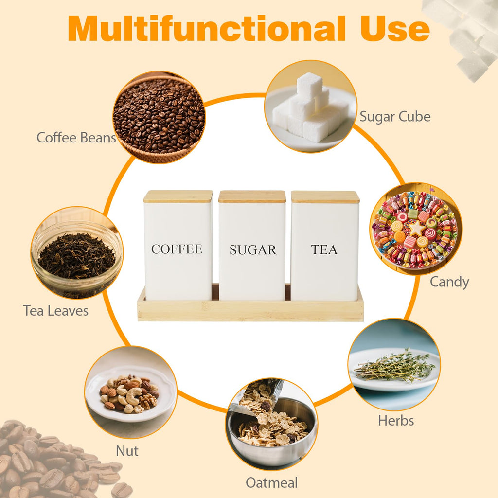 3Pcs Coffee Tea Sugar Container Set, White Iron Storage Tin with Bamboo Lid and Tray, Square Airtight Food Container