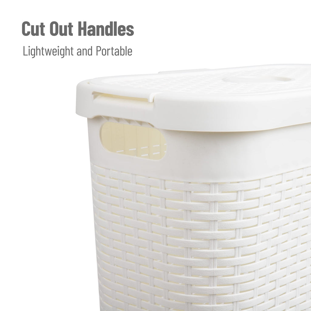Slim Laundry Hamper with Lid, 40L Clothes Basket, Narrow Tapered Design with Ventilated Cutout Pattern, Plastic, White