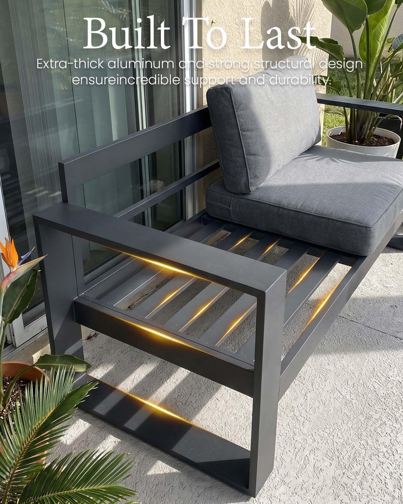 4 Pieces Aluminum Outdoor Patio Furniture Set, Metal Modern Conversation Sofa Set with Fire Pit Table and Washable