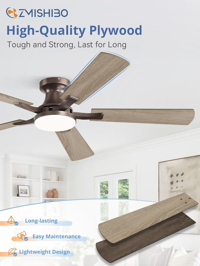 52 Inch Ceiling Fan with Light, App&Remote Control, Flush Mount Low Profile, Dimmable 20W LED Light, Quiet Reversible Motor for Bedroom, Living Room, Apartment, Brown A101-B0DPHBV4XB