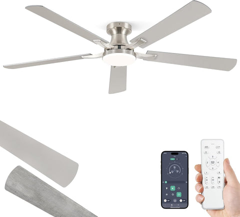 60 Inch Ceiling Fan with Light, App&Remote Control, Flush Mount Low Profile, Dimmable 20W LED Light, Quiet Reversible Motor for Bedroom, Living Room, Apartment, Nickel A101-B0F8B7DBTJ