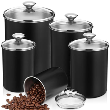 5 Pcs Stainless Steel Canister with Glass Lids, Black