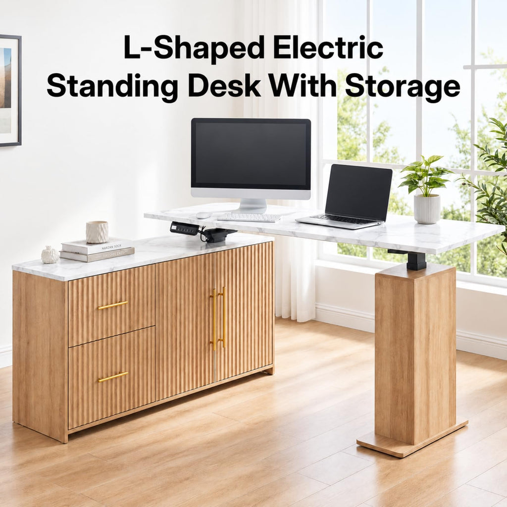 55" L-Shaped Electric Standing Desk with Drawers & Cabinet