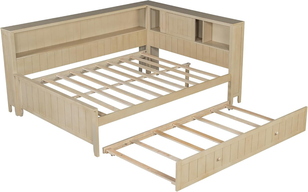 & Bright Designs Full Size Daybed with Trundle and Shelves, Wood Corner Bed Frame with Bookcase and Headboard for