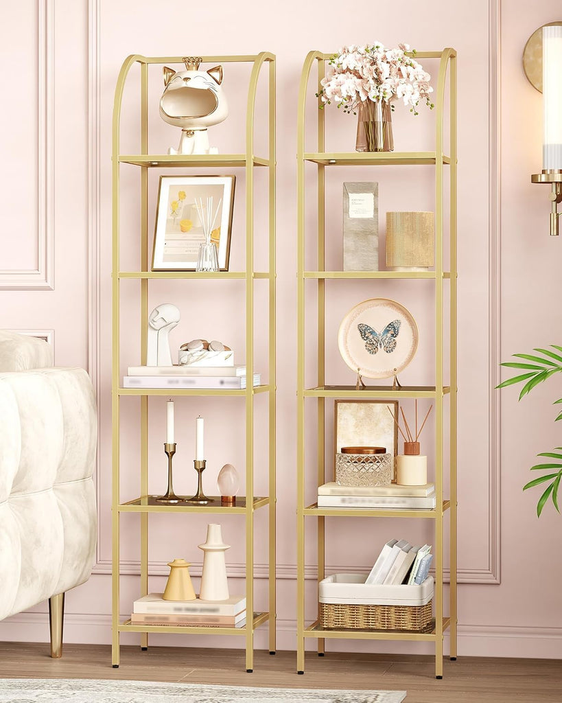 Bookcase Bookshelf, Tempered Glass Arched Bookshelf for More Storage, Slim Shelving Unit, Steel Frame