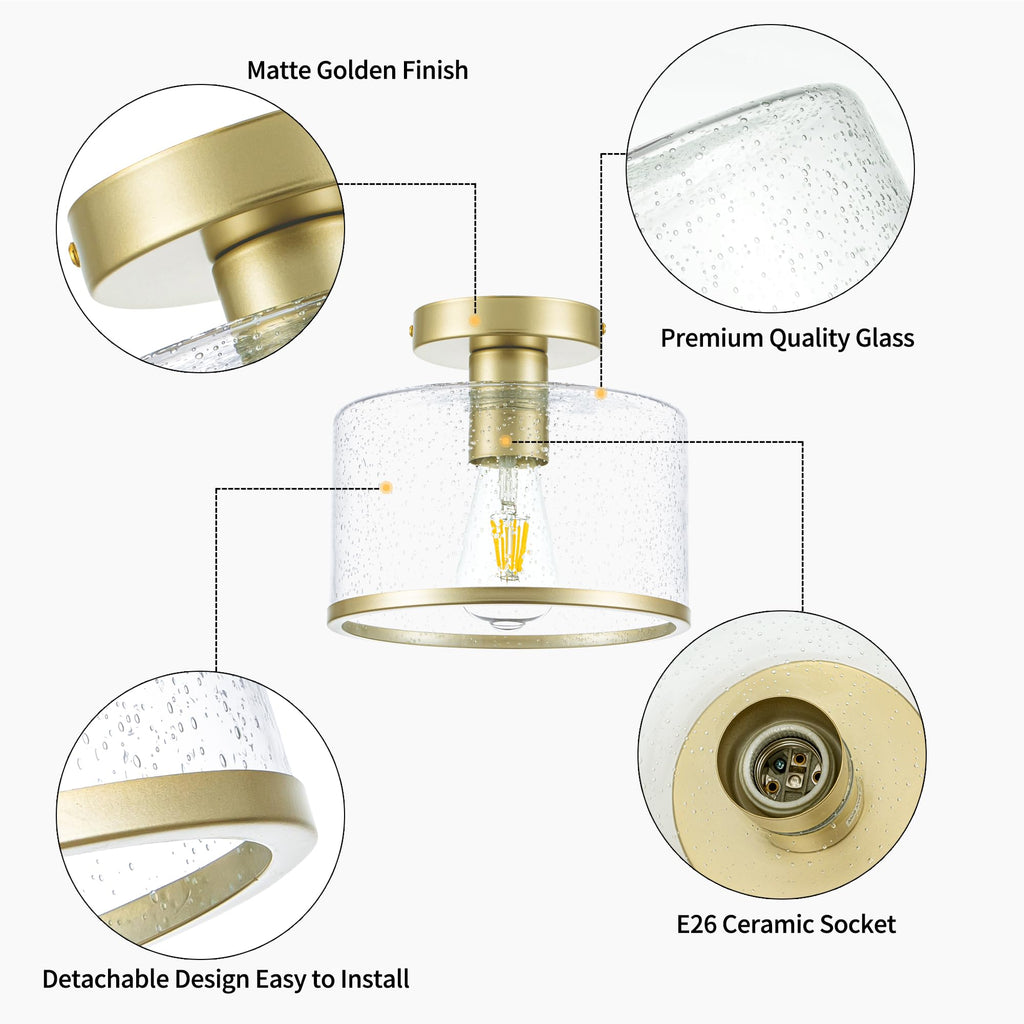 Modern Flush Mount Ceiling Light, Seeded Glass Ceiling Light Fixture, Gold Light Fixture