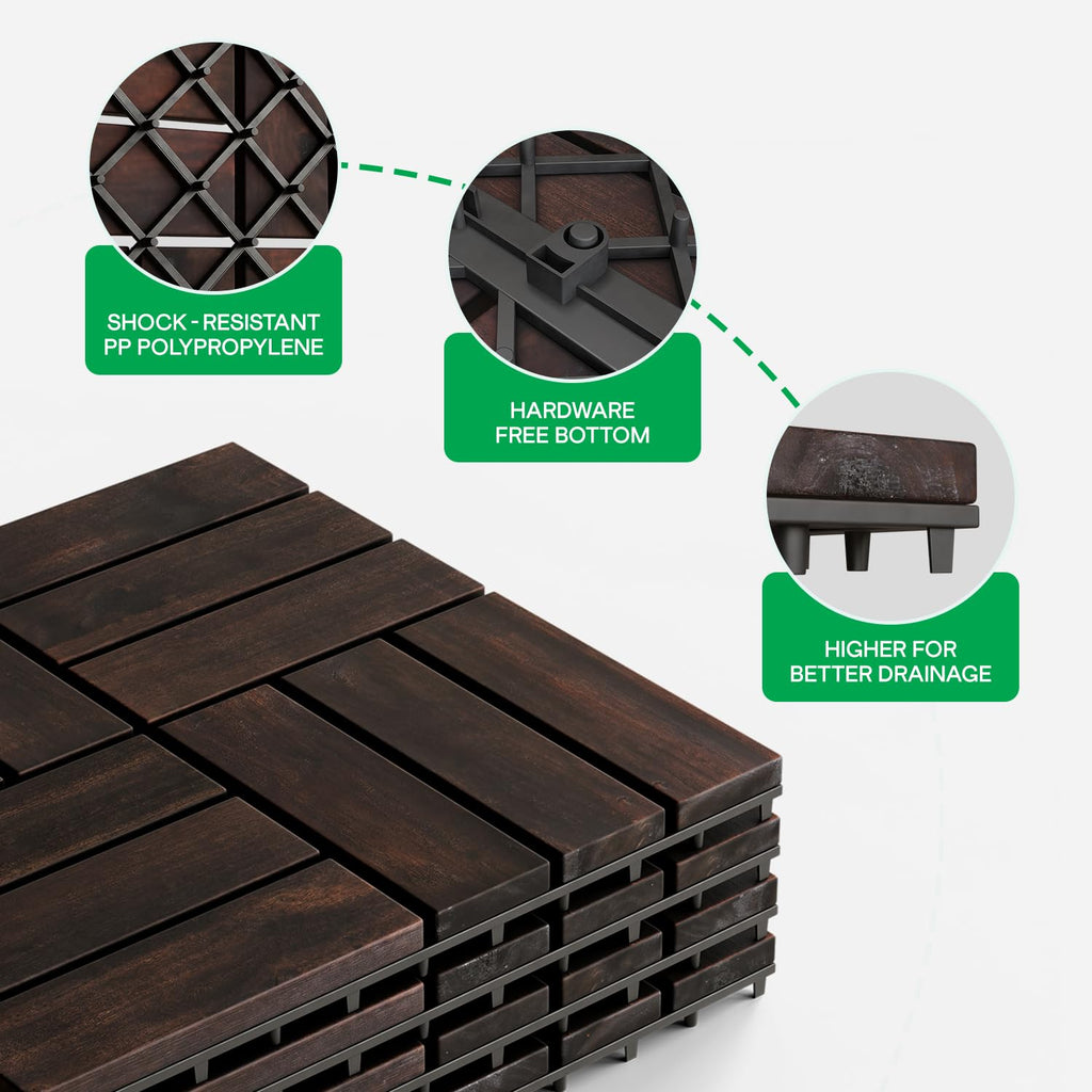 Interlocking Deck Tiles 9.6 SQFT - 10PCS Waterproof Acacia Wood Patio Tiles, Flooring Tiles for Indoor and Outdoor