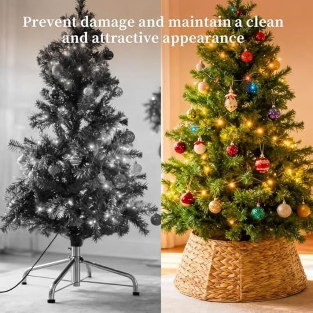 24inch Christmas Tree Collar for 4-7ft Trees, Woven Hyacinth Rattan 4-Panel Collar w/Cord Access Hole & Easy Lock