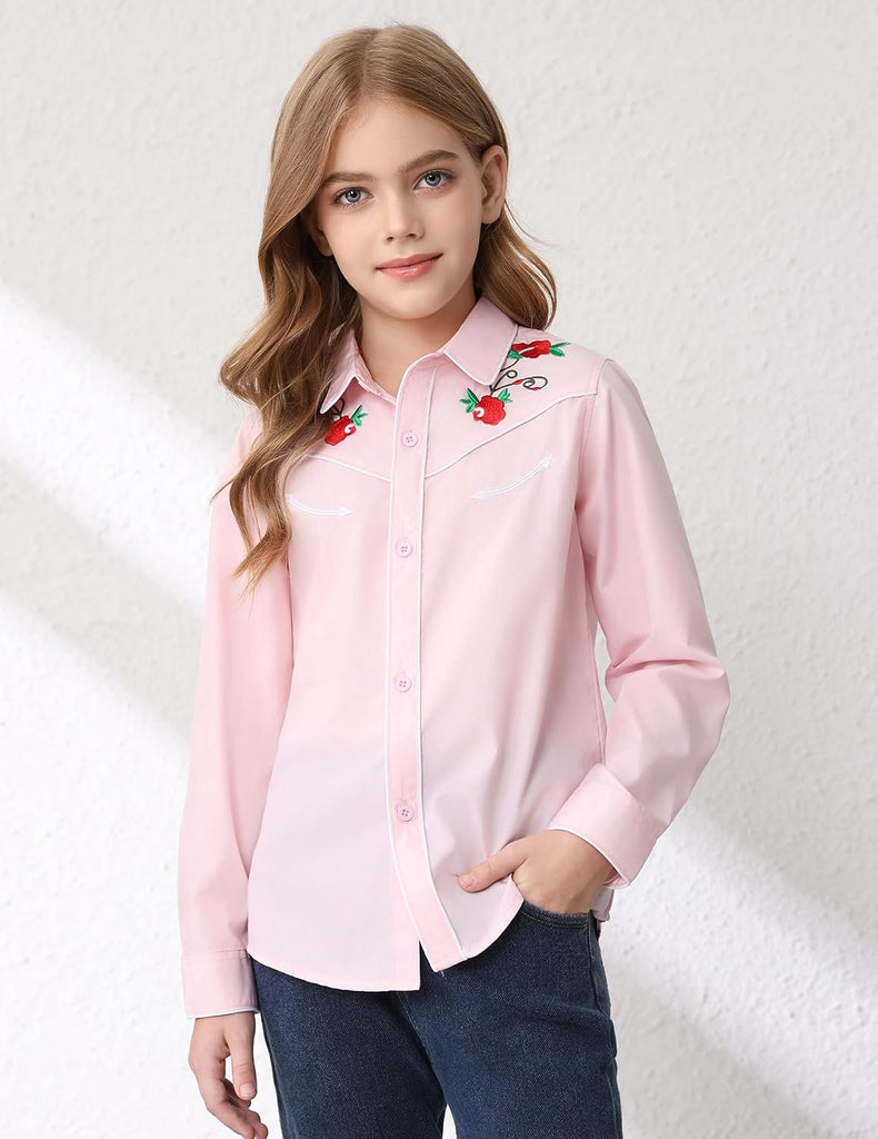Girls Western Cowgirl Shirt Long Sleeve Retro Floral Embroidered Collared Button Down Blouse Tops for Country Outfit