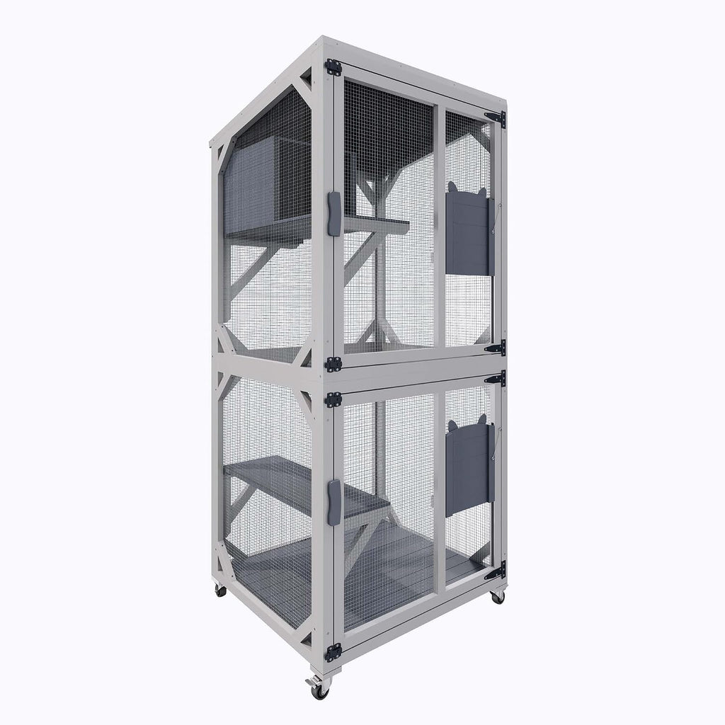 74 Inch Catio Outdoor Cat Enclosure, Tall Indoor Catio with Wheels & Platforms for Cats, Wooden Cat Cage Outdoor &