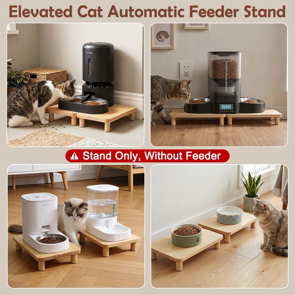 2-Pack Cat Food Stand, Elevated Pine Wood Cat Feeder Stand for 2 Cats