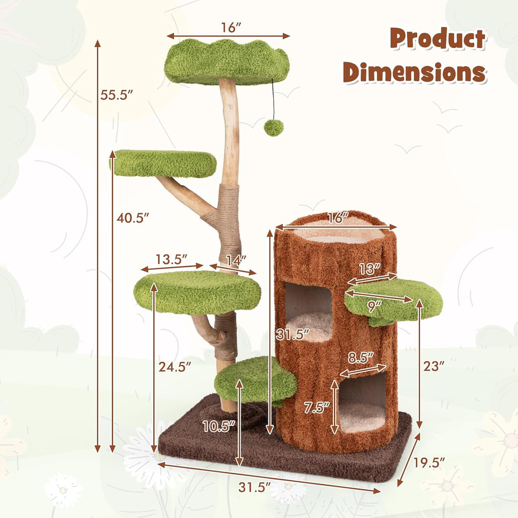 Solid Wood Cat Tree, Cute Cat Tower with Scratching Posts, 2-Tier Tree Hole Cat Condo, Wood Branches, Sisal Panel