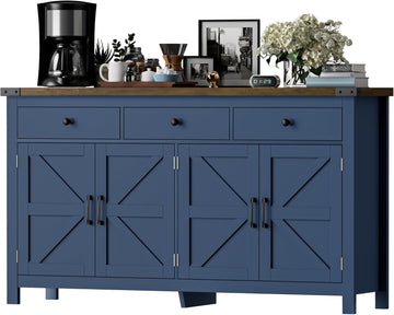 63" Sideboard Buffet Cabinet with Storage, Coffee Bar with 3 Drawers and 4 Barn Doors