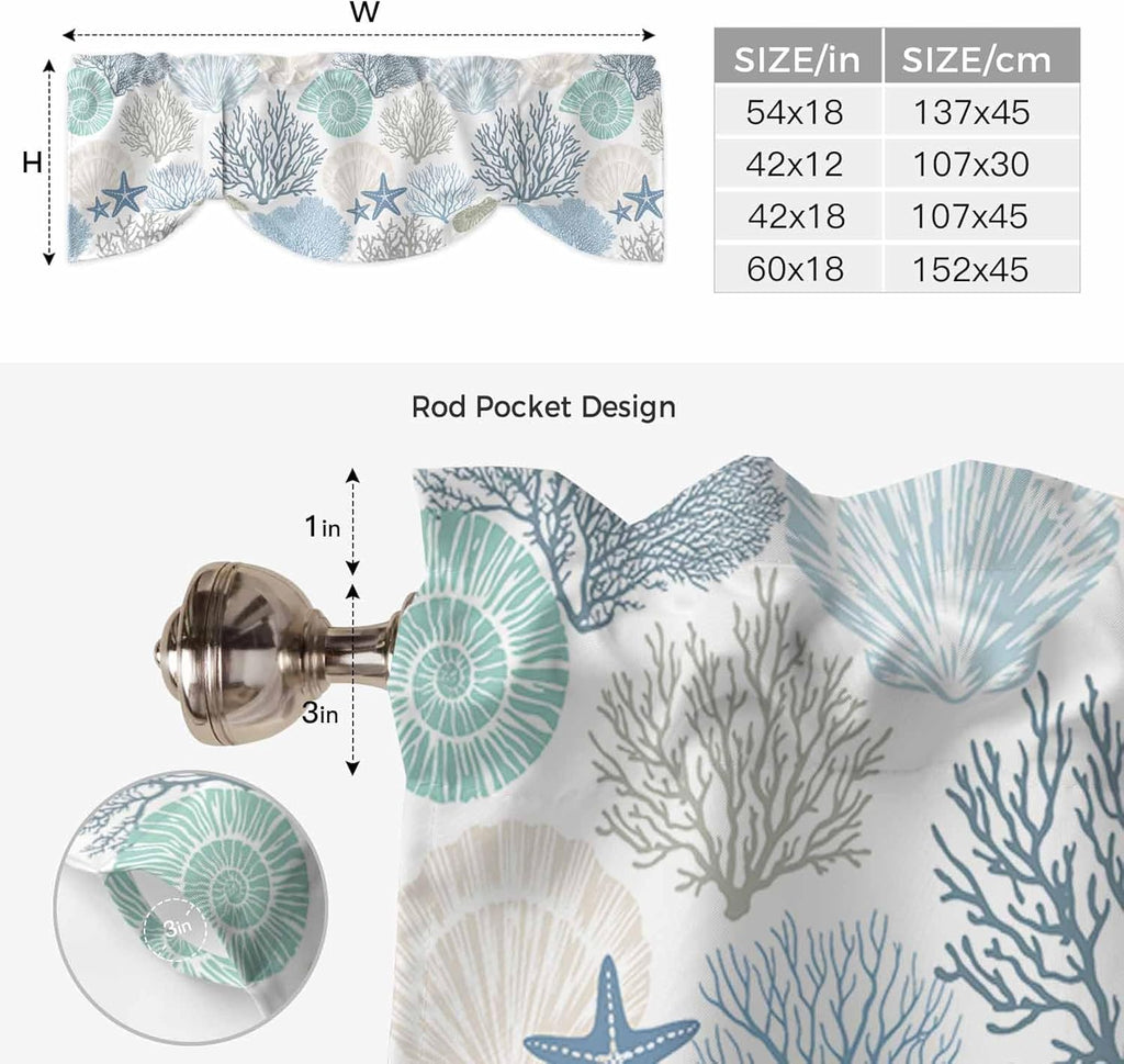 Tie Up Valance for Windows Nautical Coastal Ocean Coral Curtains Valances Rod Pocket Valance Window Treatments Beach