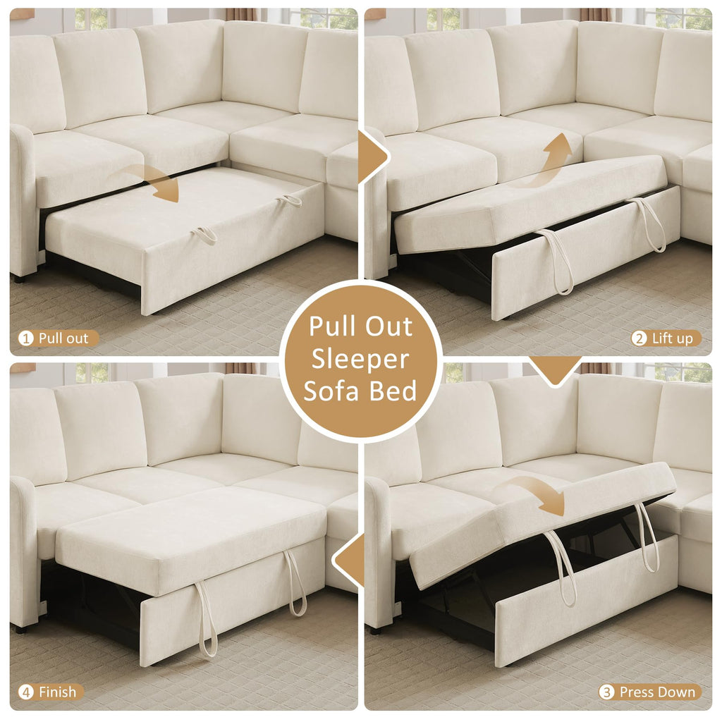 7 Seater 112'' Sectional Sleeper Sofa with Storage, Chenille Beige