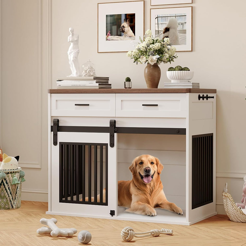 44.5" Wooden Dog Crate Furniture with Storage Drawers