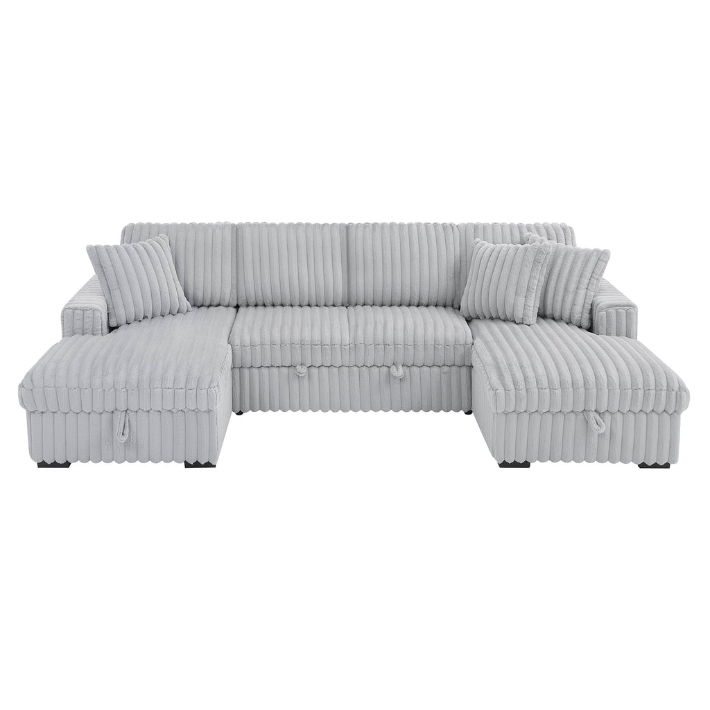 122'' Convertible U-Shaped Faux Rabbit Fur Plush Sectional Sleeper Sofa, Upholstered Cloud Couch Pull-Out Sofa Bed