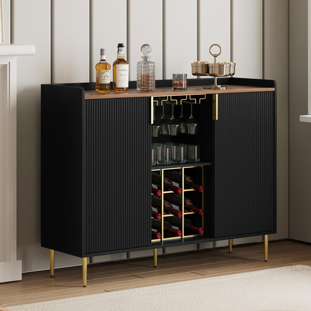 48" Wine Bar Cabinet with Fluted Texture, Buffet Sideboard, Black | Modern Storage Cabinet with Wine Rack & Glass