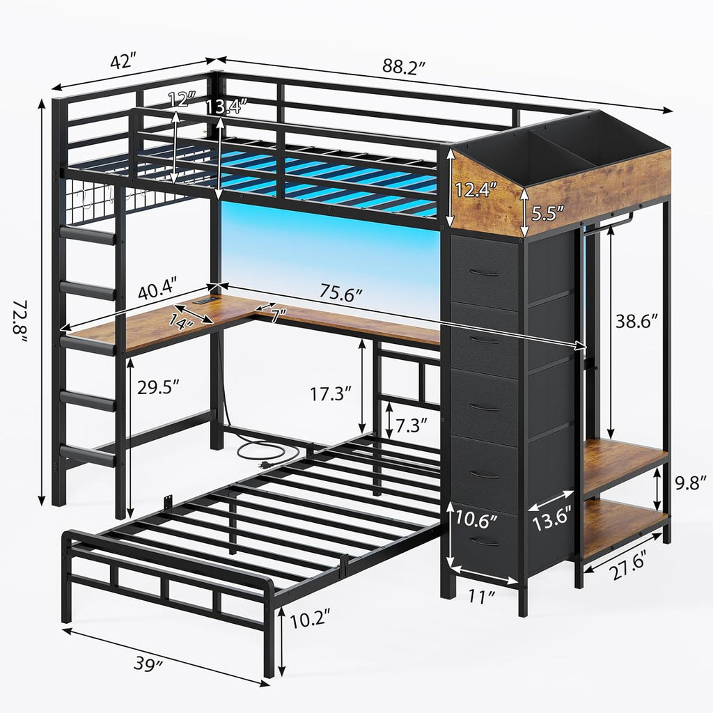Bunk Bed Twin Over Twin with Hall Tree, Charging Station and LED Lights, L-Shaped Bunk Bed with Desk