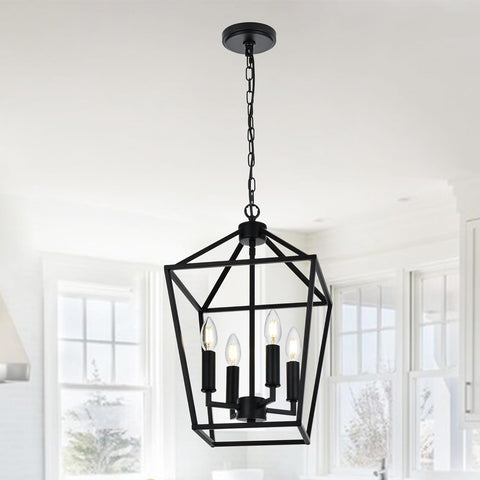 Farmhouse Chandelier 4 Lights Lantern Pendant Light in Black Finish Vintage Openwork Cage Hanging Light Ceiling for Kitchen Island Dining Room Hallway Entryway, E12 Base A128-B0C49K2DX8