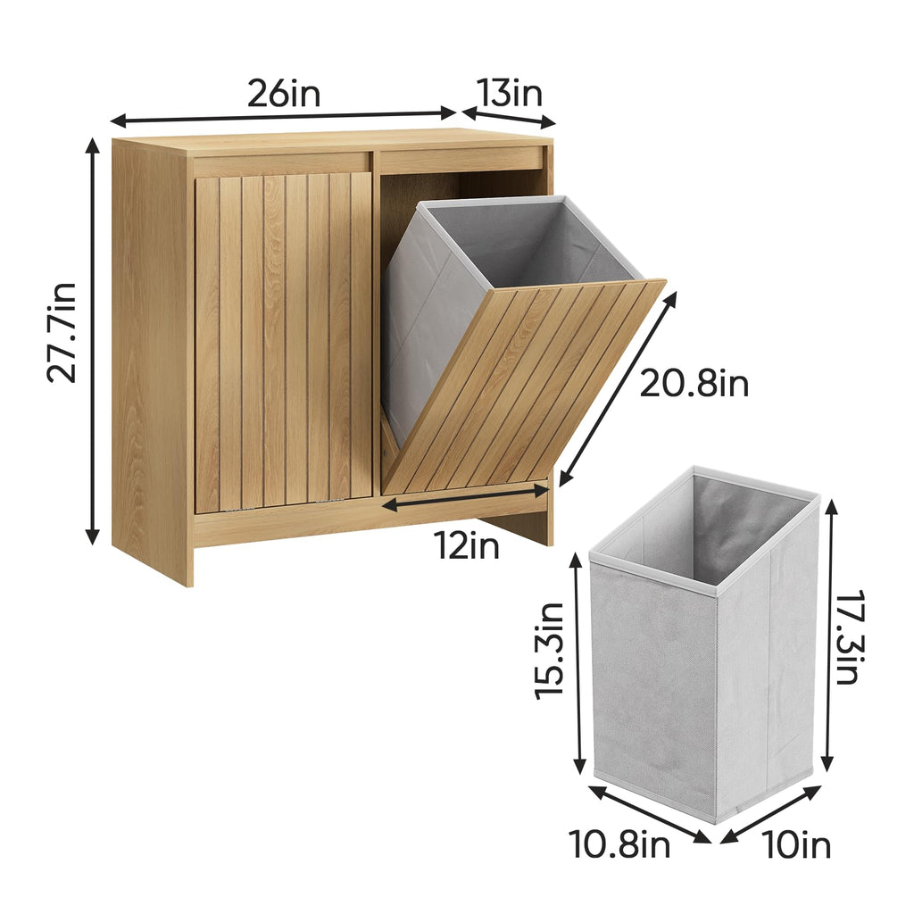 Double Tilt Out Laundry Hamper Cabinet, Hidden Laundry Cabinet with Double Baskets, Natural Trash Can