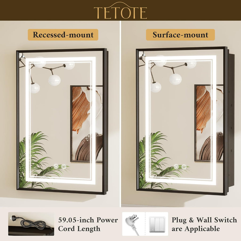 Black Lighted Medicine Cabinet Mirror with Led Lights 30 x 26 Wall Mount or Recessed Bathroom Cabinet with Storage, 2