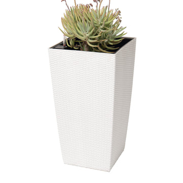 30" H White Rattan Self Watering Indoor Outdoor Square Planter Pot, Tall Decorative Gardening Pot, Home Décor Accent