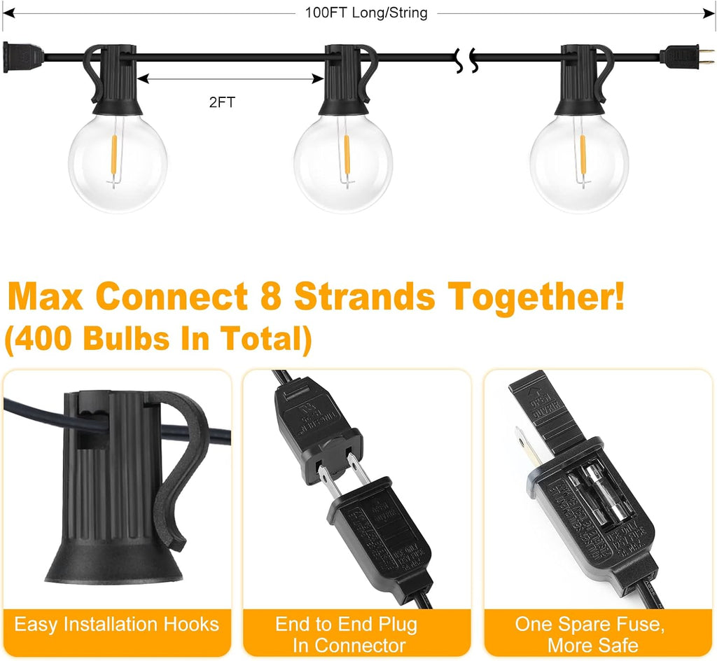 200ft(100*2) Outdoor G40 LED Globe String Lights Dimmable Waterproof