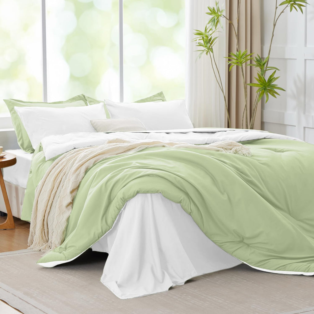 Queen Comforter Set Light Green Bedding Set, 7 Pieces Soft Bed in a Bag with Comforter, Sheets, Pillowcases & Shams