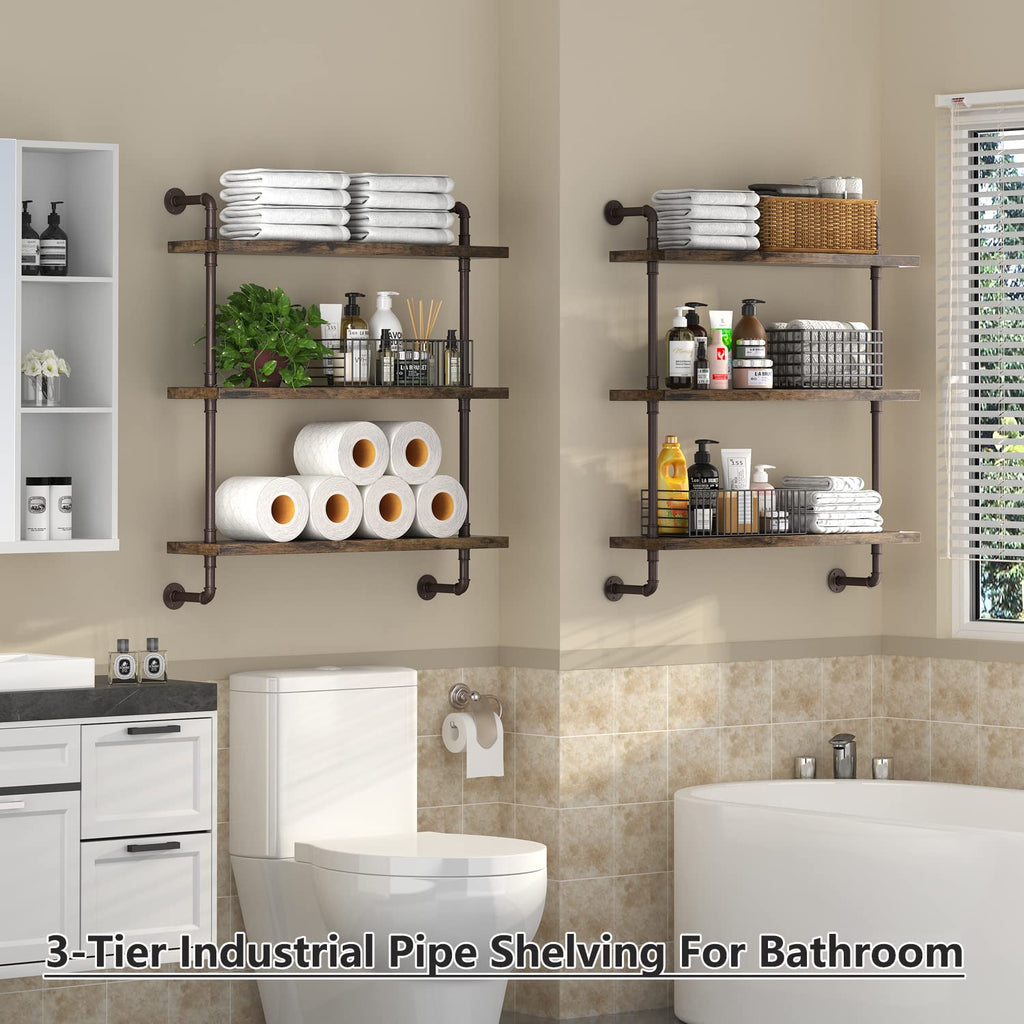 3 Tier Industrial Pipe Shelf Rustic Wood Floating Shelves, Wall Display Bookshelf, Storage Rack Sundries Holder Office