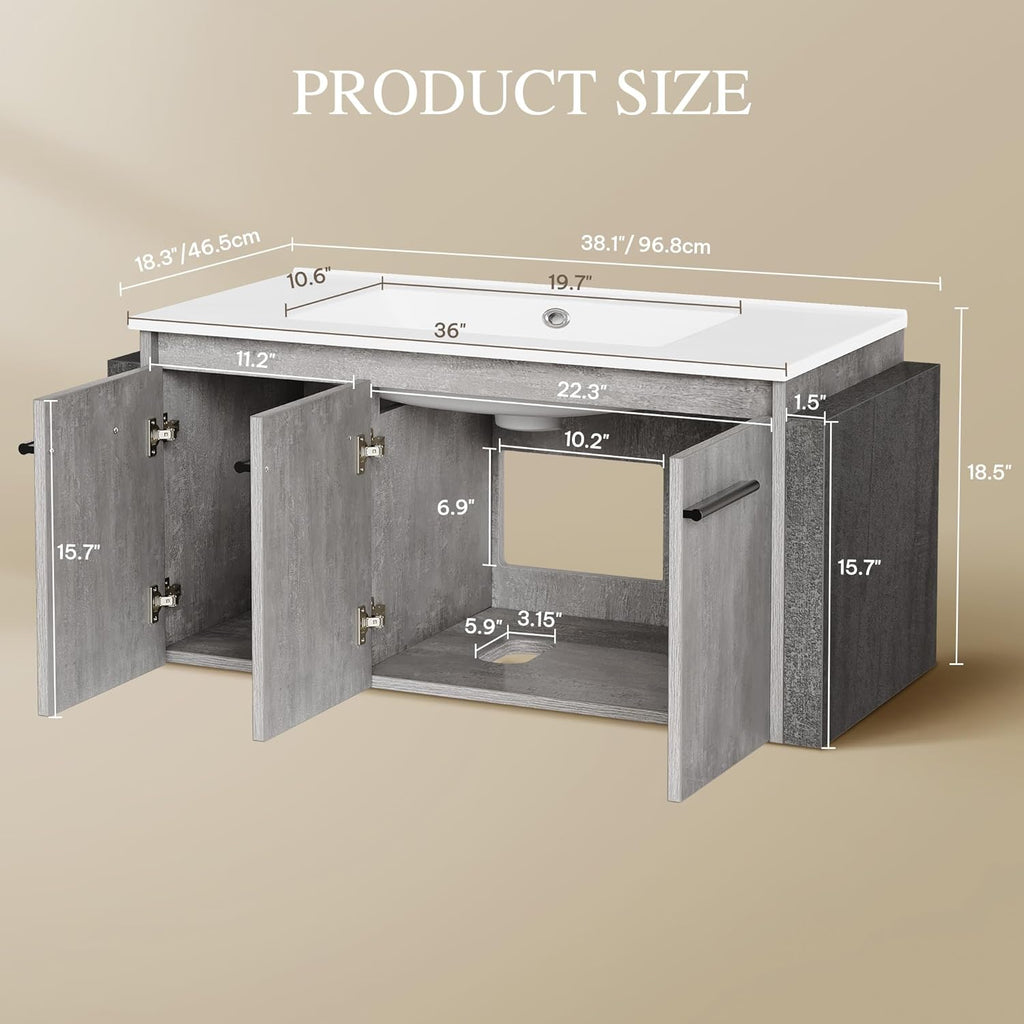 36" Modern Wall Mounted Bathroom Vanity with Sink - White & Gray Cabinet with 2 Soft-Close Doors