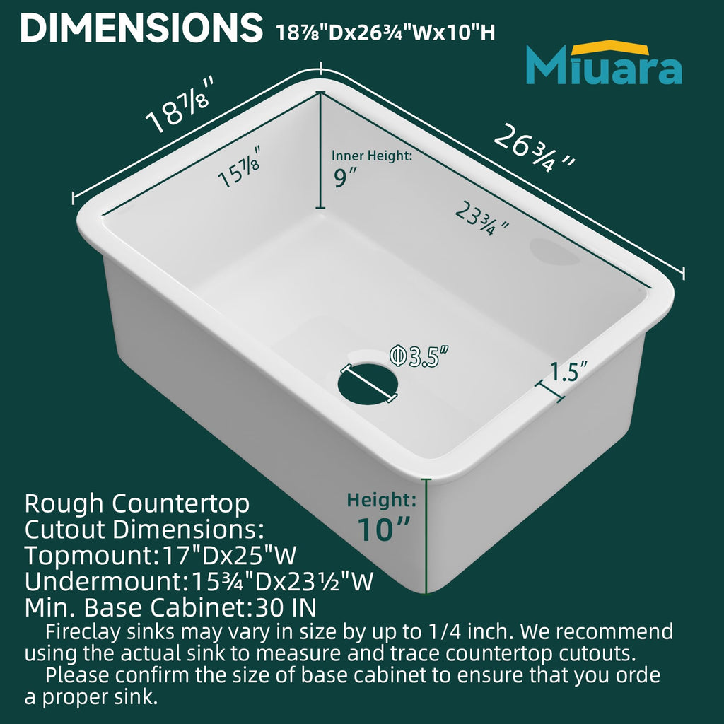 27 x 19 Inch Undermount or Drop In Fireclay Kitchen Sink White