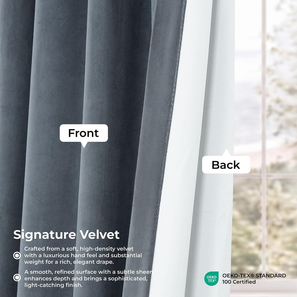 Velvet Pleated Blackout Curtains (1 Panel), 25W x 108L, Distance Blue Grey