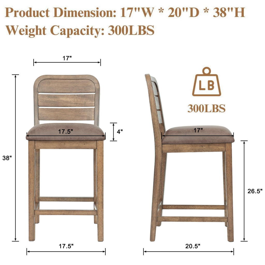 Farmhouse Bar Stools Set of 2, 26" Upholstered Counter Height Stool with Ladder Back, Rustic Wooden Bar Chairs