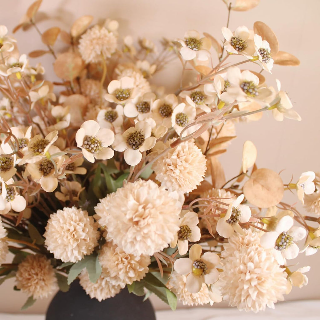 Beige Silk Flower Arrangements Home Decor, Large Floral Centerpieces For Tables, 22 Long Stems Fake Mums + Eucalyptus