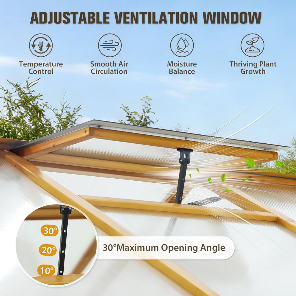 6x12ft Cedar Wood Greenhouse with Roof Vents, Outdoor Greenhouse Kit, Weather Resistant Plant Garden House, Natural