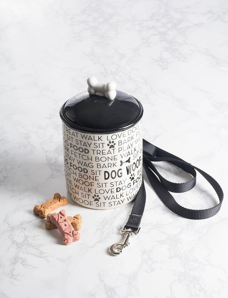 Dog Bone Ceramic Pet Bowl & Canister, Canister, 5.5x5.5x8.25, Black/White