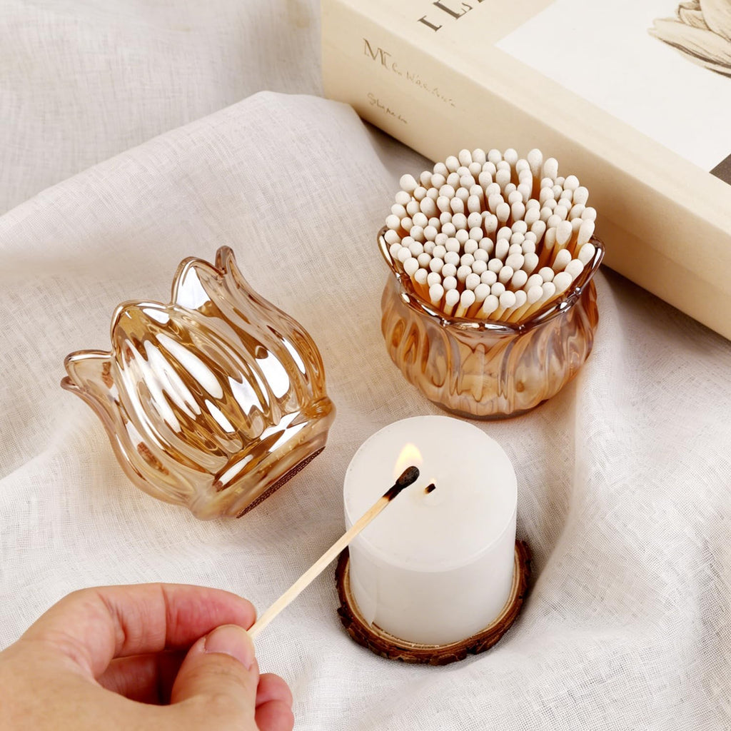 Glass Candlestick Holders,Match Holder with Striker x 4,Match Box,Matchstick Holder Jar for Scented Candle on Dining - Set of 2