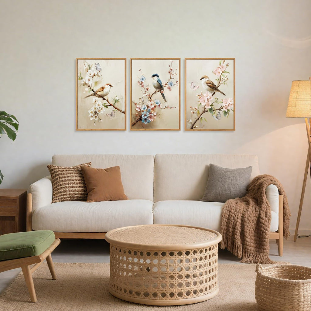 Bird and Blossom Framed Canvas Wall Art Set Of 3, Vintage Floral Wall Decor, Retro Nature Avian Floral Wall Painting
