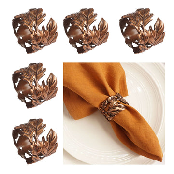 Leaf Shape Napkin Rings Set of 6, Bronze Napkin Rings Metal Napkin Ring Holders for Dinner Party, Wedding