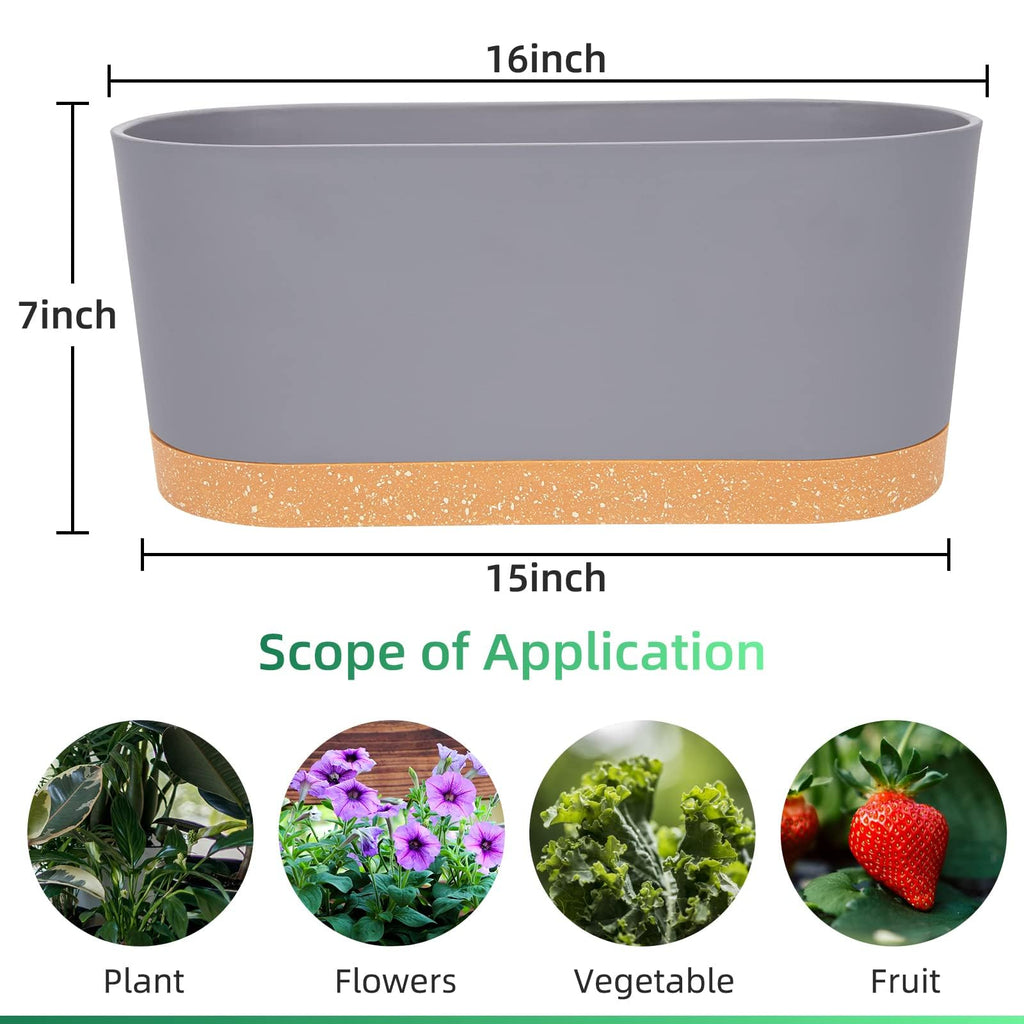 16" L x 7.6" W x 7" H Window Planter Box, 2 Pack Self Watering Pots for Indoor Plants with Drainage Holes & Saucer