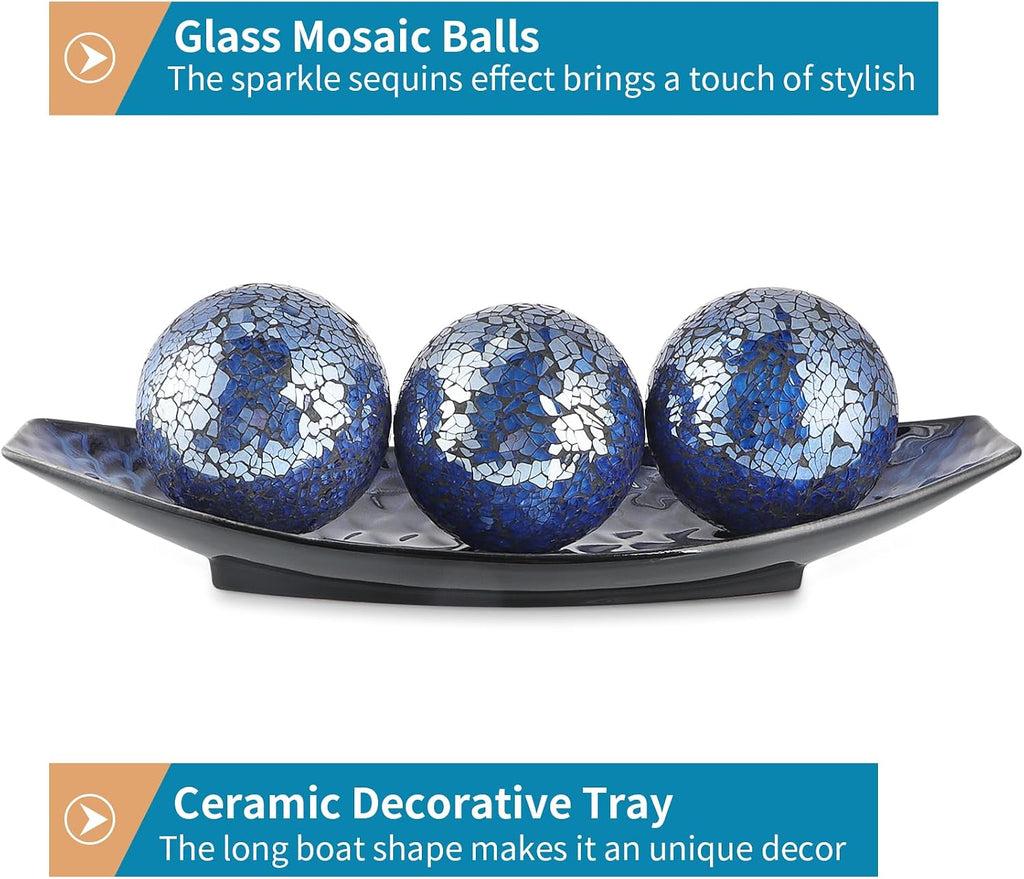 16" Large Ceramic Decorative Tray and 4" Glass Mosaic Balls Set of 4, Long Boat Shaped Centerpiece Bowl and Orbs Set