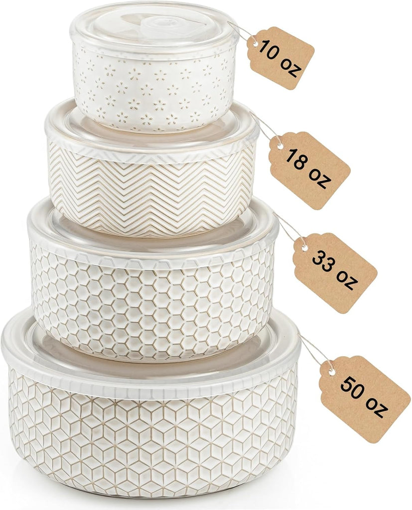 Serving Bowls with Lids, Ceramic Embossed Nesting Mixing Bowls, Set of 4, Serving Bowls Set for Food Storage