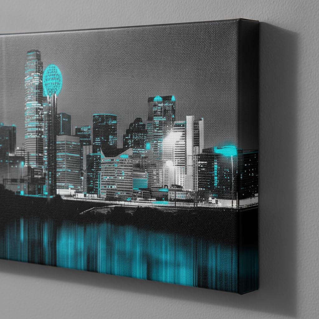 Dallas Texas Skyline Canvas Wall, Black White City Decor, 14x48 inch