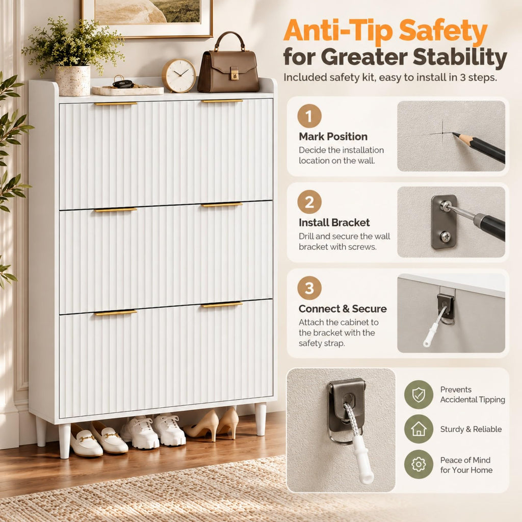 White Fluted Shoe Storage Cabinet with 3 Flip Drawers, Narrow Shoe Organizer with Fluted Panel, Modern Freestanding