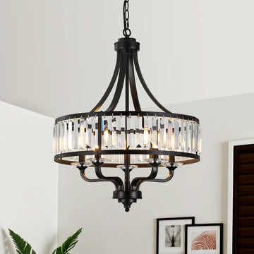 Modern Black Crystal Chandelier, 5-Light Farmhouse Dining Room Light Fixture Over Table Adjustable Height Hanging