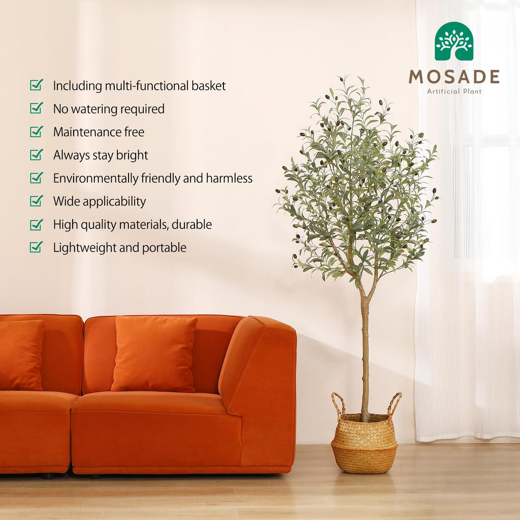 Artificial Olive Tree 6FT - Tall Faux Tree with Realistic Silk Leaves, Handmade Seagrass Basket, Low-Maintenance