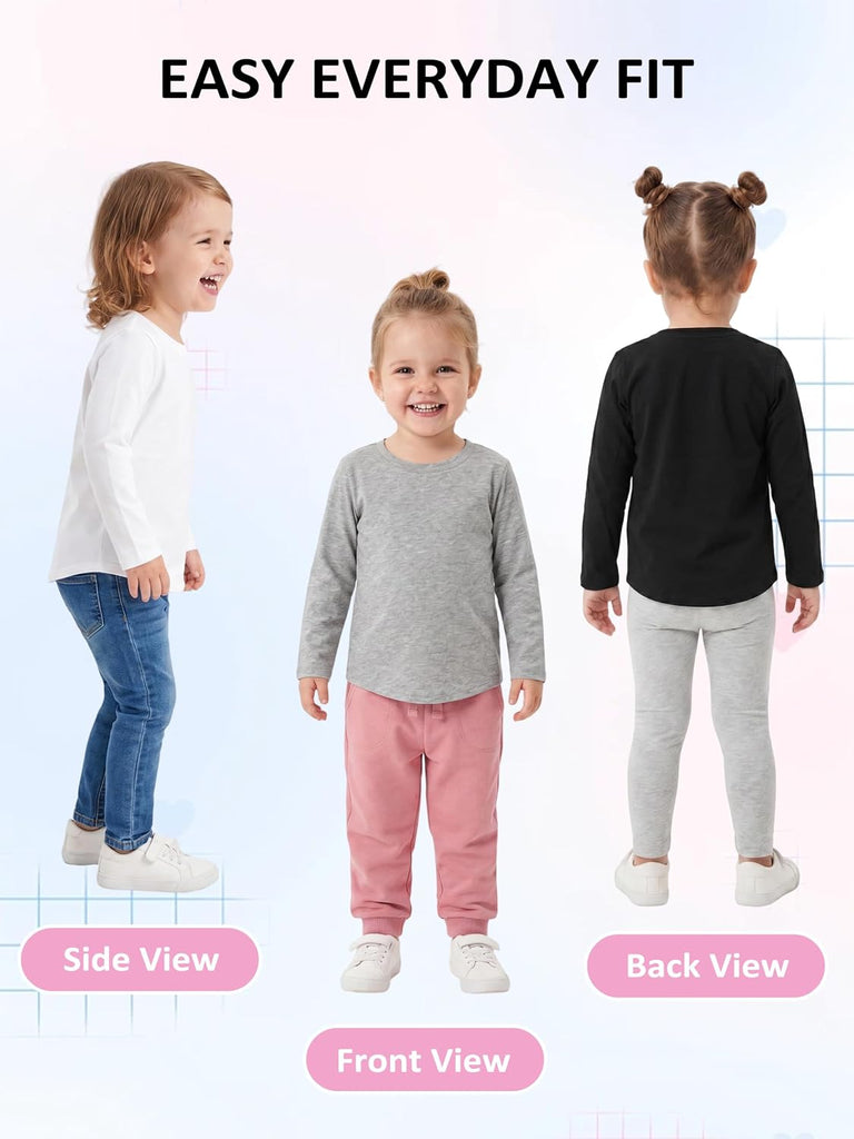 4 Pack Toddler Girls Long Sleeve Cotton Shirts Curve Hem Basic Tee