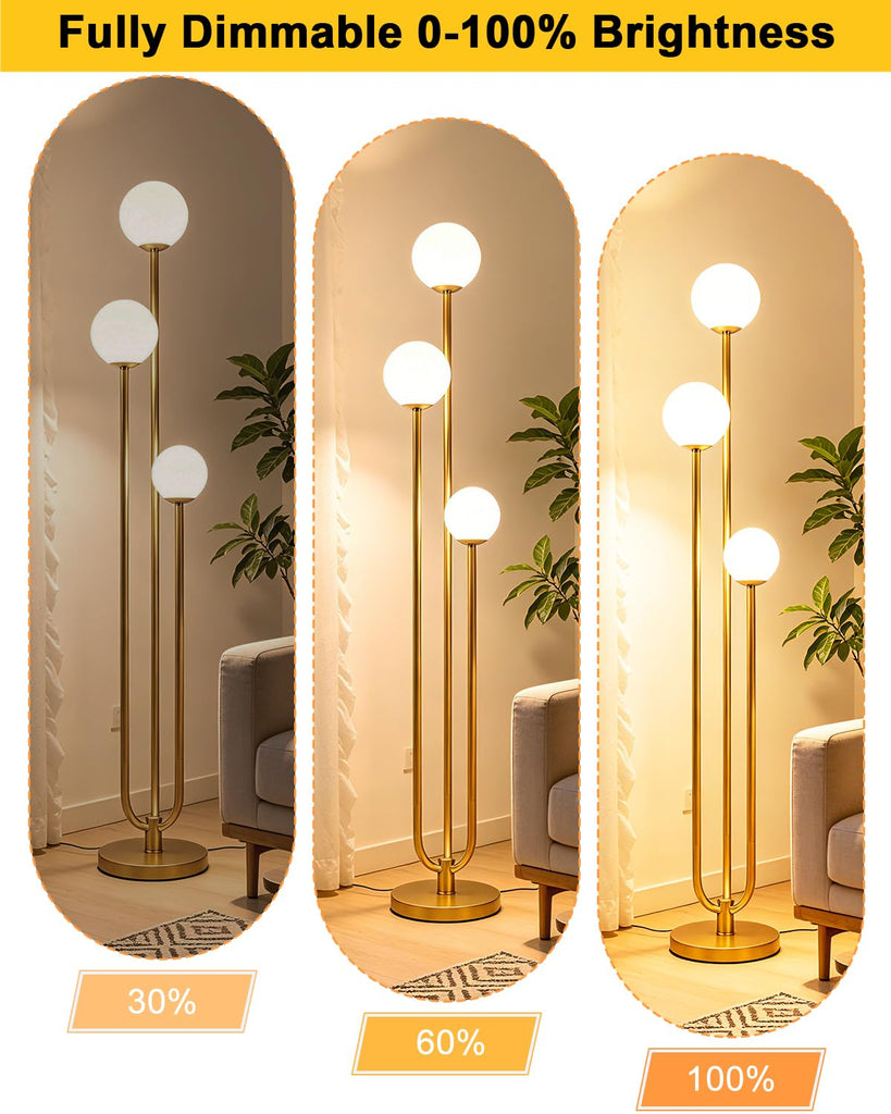 63IN 3-Light Dimmable Floor Lamp, Unique Gold Tall Standing Lamps with 3000K G9 Bulbs for Reading, Mid Century Modern