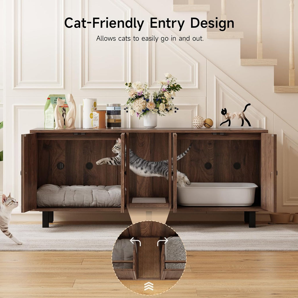 59 Inches Cat Litter Box Enclosure for 2 Cats, Walnut